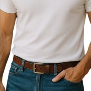 VINTAGE Mens Nutmeg Brown Genuine Leather Belt Brushed Silver-tone Buckle Size M